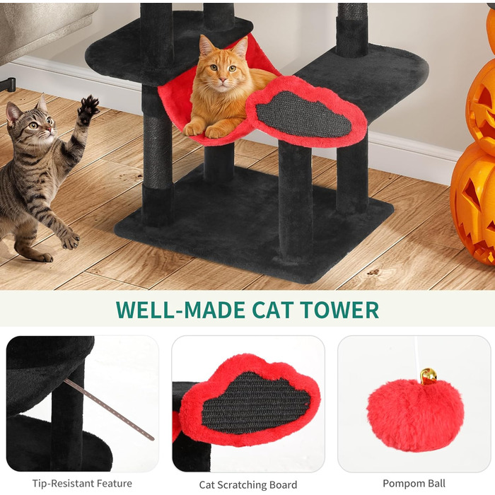 Котячий комплекс YITAHOME XXL, 142 см, з 8 стовпчиків сизалю, 3 платформи, 2 печери, гамак, іграшки, чорно-червоний
