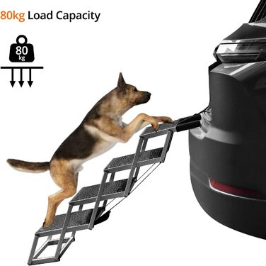 Сходинка для собак QWORK® 4-ступенева складана, антиковзка, для автомобіля - регульована висота 64 см, до 80 кг