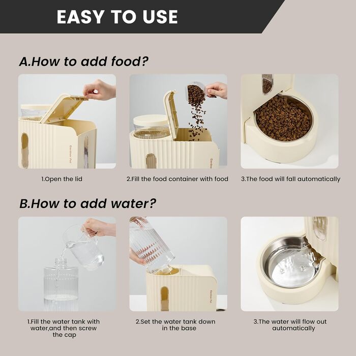 Автоматичний годівниця для котів та собак Gardner з 2 мисками, без електроживлення, з нержавіючої сталі, BPA Free, об'єм 3L*2, бежевий