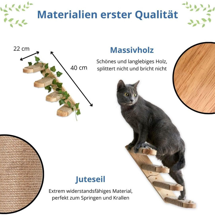 Сходинка для котів TREKAM - дерев'яна драбина для котів на стіну з джутового мотузка та декоративним листям. Міцна, елегантна та функціональна.