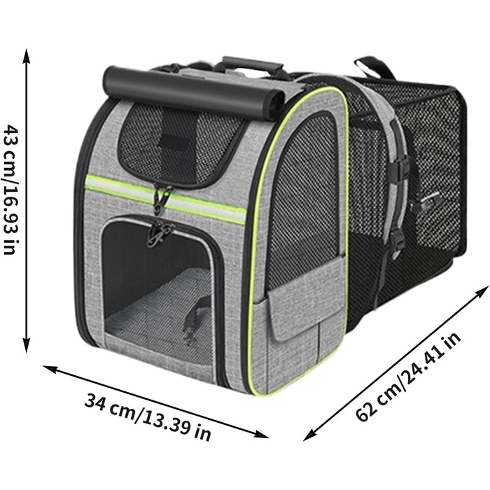 Рюкзак для котів та маленьких собак | Транспортна сумка для домашніх тварин, дихаюча, розкладна, для подорожей, прогулянок, сірого кольору з зеленими вставками
