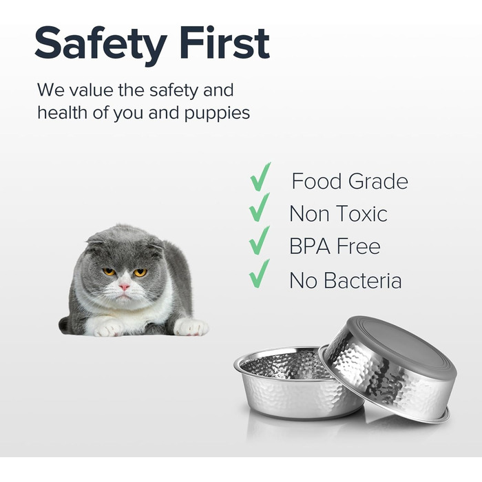 Набори мисок для котів URBUDDIES з нержавіючої сталі (2 шт.), преміум-якість, з гумовою основою, легко миються, 2 чаші, сіра основа