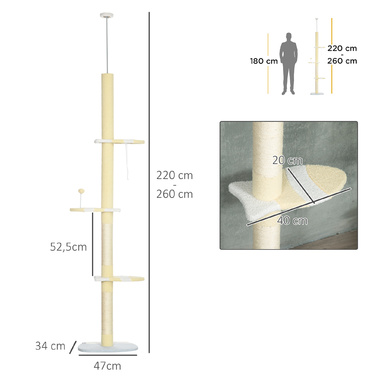 PawHut Cat Tree, Кігтеточка для кішок Висота стелі, 220-260 см, Лазіння по дереву з Play Ball, Котяче дерево з регулюванням висоти, Ігрове дерево із захистом проти нахилу, Плюш, Жовтий | Аосом