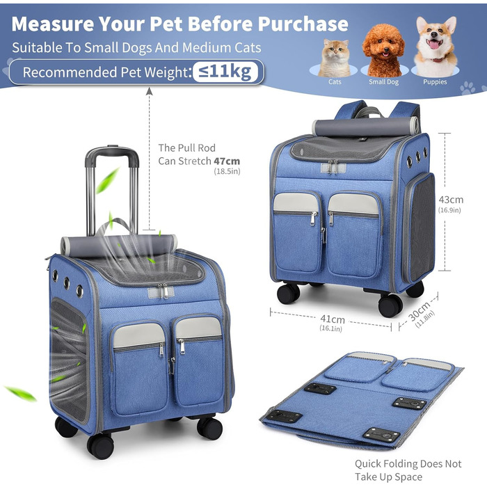 PETCUTE Рюкзак-переноска для котів та собак з візком 2 в 1 до 11 кг, складаний, з підкладкою, багатофункціональний, дихаючий, для подорожей (Блакитний)