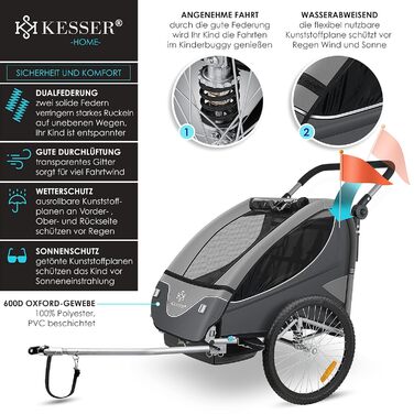 Дитячий велопричіп KESSER® 2в1 з поворотним механізмом 360° та амортизацією. Підходить для 1-2 дітей (до 40 кг). З п'ятиточковим ременем безпеки та сигнальним прапором. Колір: світло-сірий.