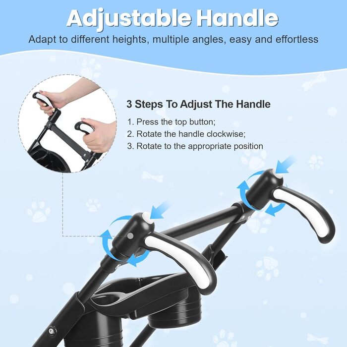 Легкий та складаний переносний візок для собак, блакитний. З сонцезахистом, гальмами та місцем для зберігання (до 10 кг)