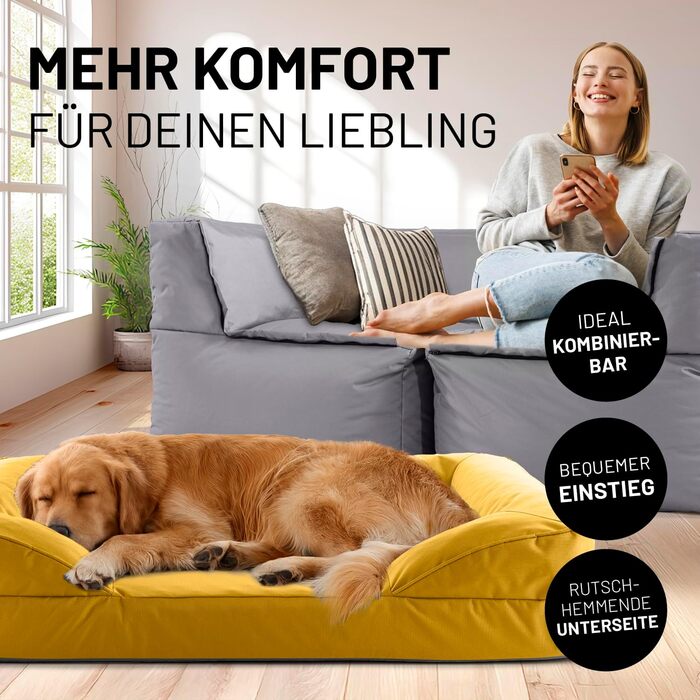 Ортопедичне собаче ліжко Lumaland для дому та вулиці | 70x60 см | для маленьких собак | водовідштовхувальне, з неслизьким дном, миється | жовтий колір