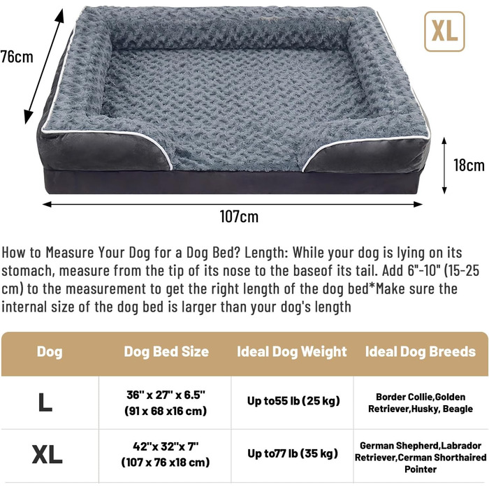Ортопедичне ліжко для собак з піною з пам'яті, знімний та пральний чохол, подушка-гніздо, неслизьке підстилка та водонепроникний вкладиш. Ліжко для собак з високим бортиком (XL 107*76 см)