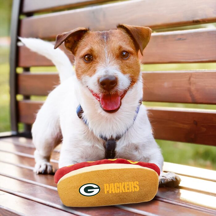 Іграшка для собак та котів у вигляді хот-дога з пискавкою Pets First NFL Green Bay Packers, плюшева, з логотипом футбольної команди