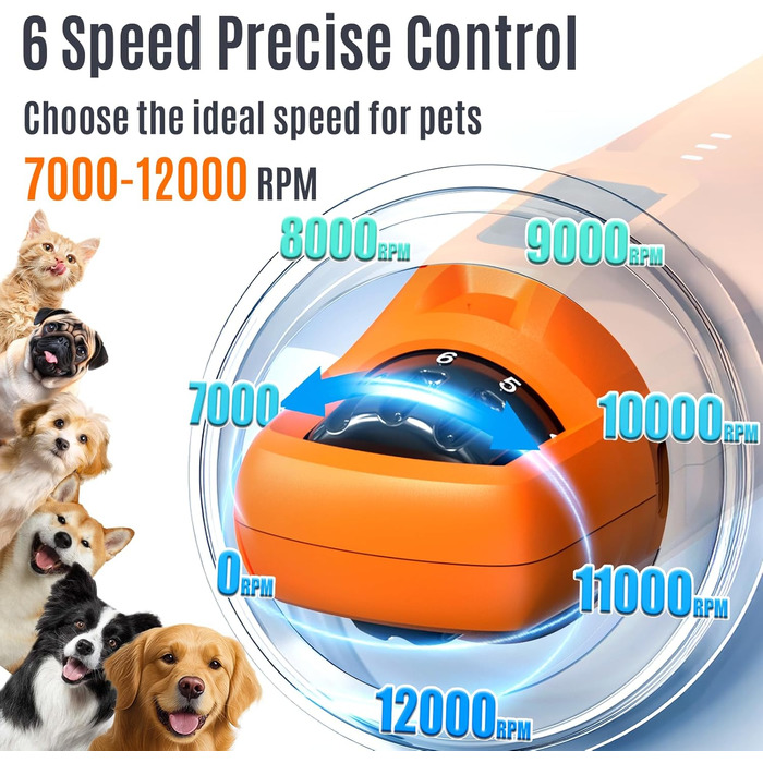 Електричний шліфувальник для собак та котів Casfuy Neue з 6 насадками – тиха робота, 7 годин, 2 LED, для собак великих, середніх та малих порід