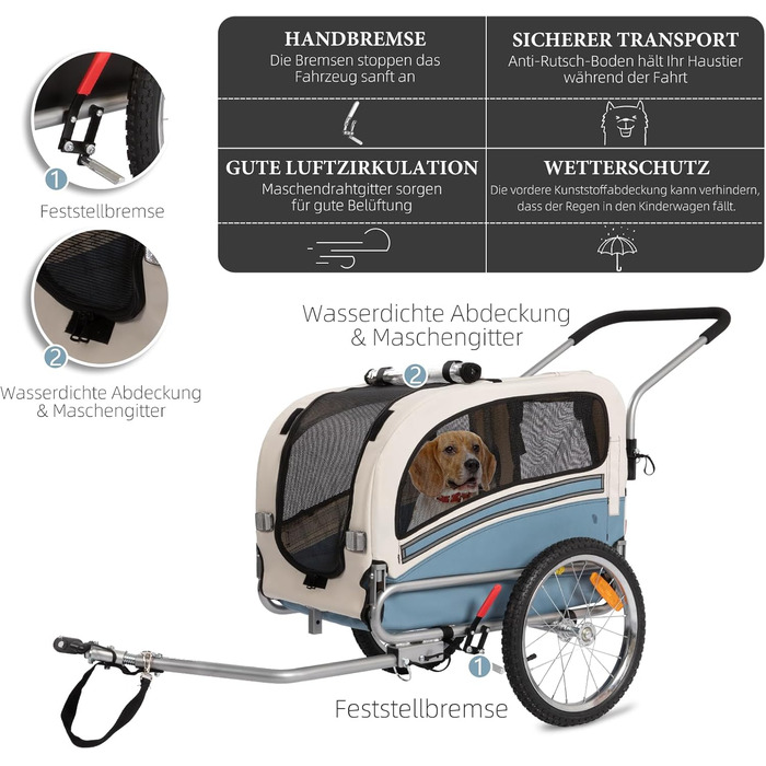 Причеп-перевозник для собак 2-в-1 на велосипед та візок – для собак до 30 кг, складаний, з гальмами, сигнальним прапорцем, для активного відпочинку та дому, легкий у встановленні (Блакитний)
