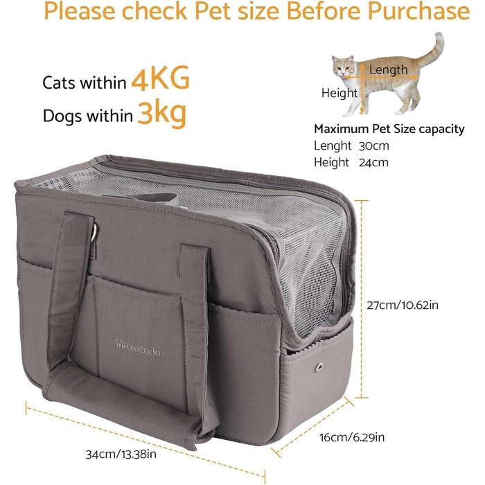 Сумка-переноска для собак та котів Maxetodo, маленька, сіра, 16 x 27 x 34 см