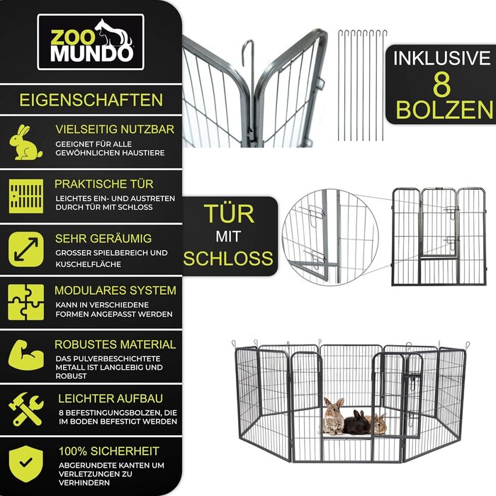 Вольєр для цуценят та дрібних тварин Zoomundo 8-секційний, металевий, XL, огорожа для вигулу, манеж, захисний бар'єр