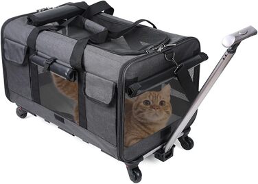 Транспортна сумка для котів PETCUTE з колесами, дихаюча переноска для 2 котів, складана переноска для собак з телескопічною ручкою, знімний килимок, ідеальна для подорожей, темно-сіра