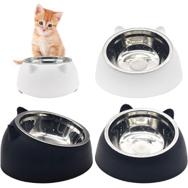 Набори мисок для котів Hamiledyi з підняттям, 4 шт., 15° нахил, нержавіюча сталь, анти-блювотна, не протікає, для кошенят, дорослих котів та кроликів (чорний + білий, 200 мл)