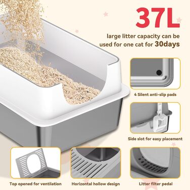 Набір для туалету котів з нержавіючої сталі з кришкою, великий, для великих котів, з совочком та килимком (білий)