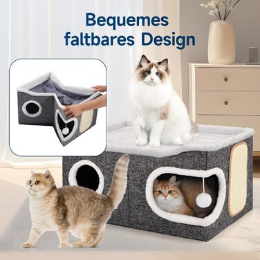 Шика Будинок-печеринка для котів, великий закритий будиночок для котів, 61T*45B*32H см, двоярусний куб для котів, XXL печеринка для котів з когтеточкою та іграшкою, будиночок-печеринка для маленьких та середніх тварин, великий, сірий