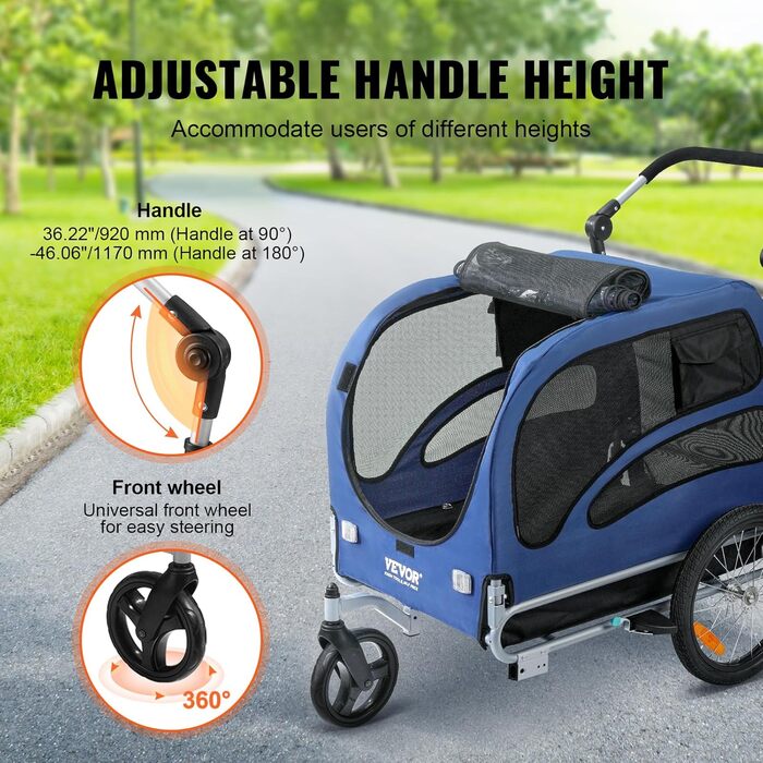 Фургон для собак VEVOR 45 кг 2-в-1: велосипедний/дитячий, сталь + Oxford 600D, синій