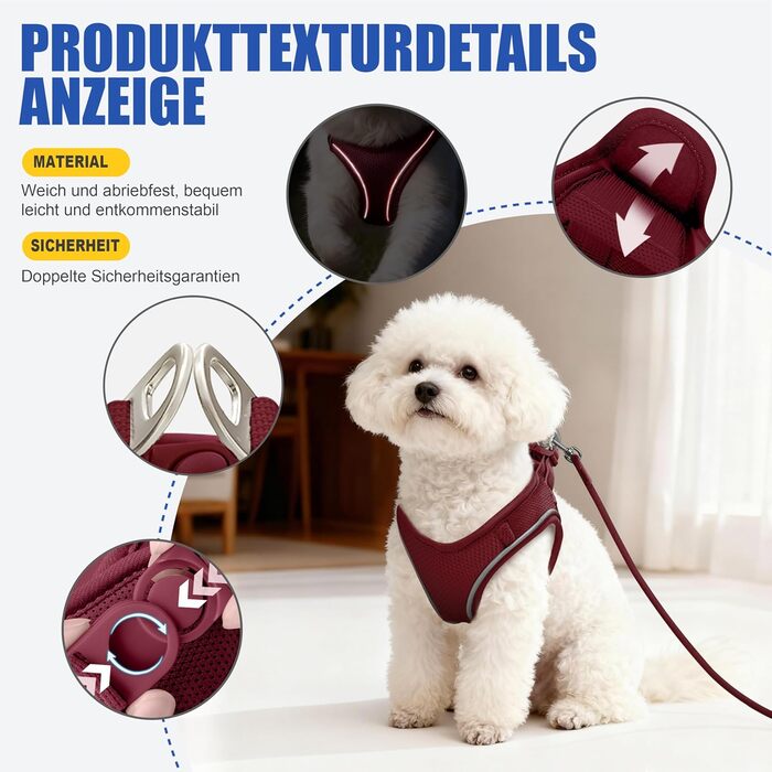 Нашийник та поводок для собак маленьких порід, регульовані, з поглинанням ривка, світловідбиваючий, м'який, дихаючий, для прогулянок, бігу, тренувань (Бордовий S), Винотний S (Окружність шиї: 28-37 см, Окружність грудей: 39-47 см)