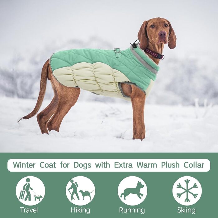 Зимовий теплий пуховик для великих собак Kuoser – водонепроникна куртка з флісовою підкладкою, світловідбиваючими елементами, коміром з хутром, блискавкою та кільцем D – теплий одяг для собак на вулицю, XL, зелений