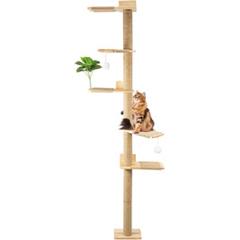 Кігтеточка для котів Youyijia 206 см з натурального каучукового дерева, 5 ярусів, настінна, з розширеною основою, плюшевими кульками, 360° обертання, XXL кігтеточка для котів