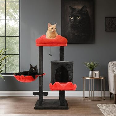 Котячий комплекс Gothic Halloween: стійка кімната з ліжком, будиночком та когтеточками, 84.5 см (Чорний/Червоний)