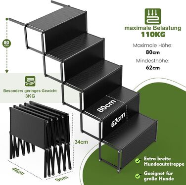 Сходинки для собак XARILK - 5-ступенева складана трепетка з алюмінію, до 110 кг, 44 см, для авто, позашляховиків, ліжок та вантажівок