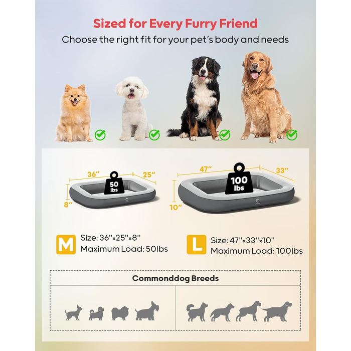 Надувне ліжко для собак QPAU з бортиками, миється, для подорожей, кемпінгу та дому, водонепроникне, з насосом та сумкою, для маленьких, середніх та великих собак (M)