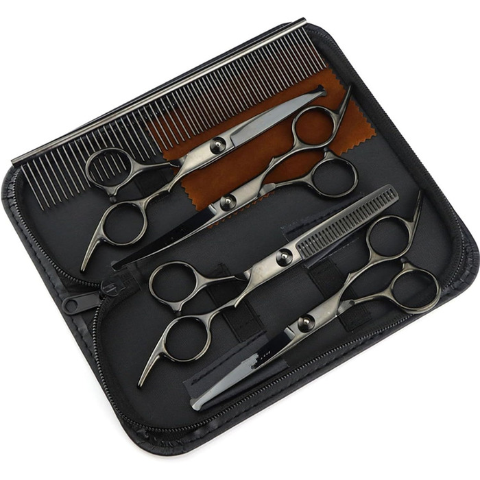 Набір ножиць для грумінгу собак 6-в-1: прямі, зігнуті, для стрижки та розрідження шерсті