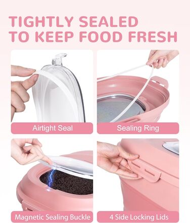 Контейнер для зберігання корму для собак 9-13.6 кг з колесами, повітряно-щільною кришкою, рожевий. Підходить для собак, котів та інших тварин.