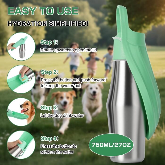 Водяна пляшка для собак на прогулянці - не протікає, з нержавіючої сталі, 750 мл