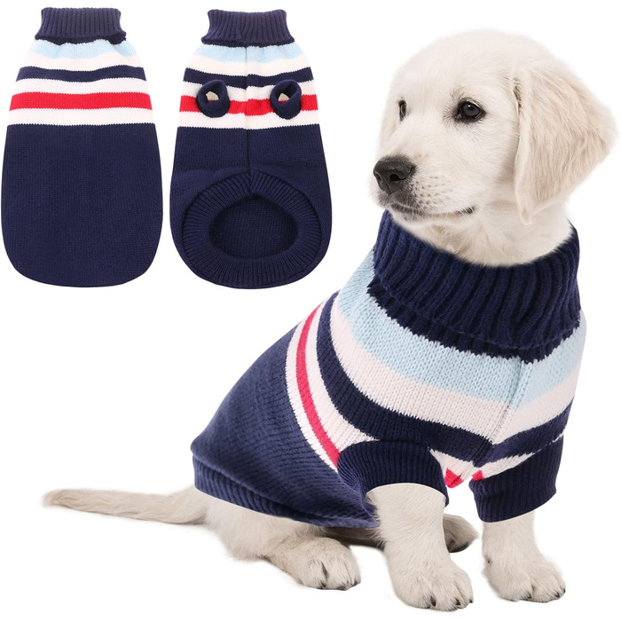 Теплий собачий светр з смугами, зимовий в'язаний одяг з еластичними ремінцями для ніг, м'який акриловий светр для собак маленьких, середніх та великих порід, розмір S, блакитний