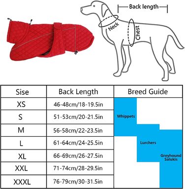 Зимовий теплий куртка для собак Babypet, водонепроникний, з блискавкою, світловідбиваючий, регульований, для великих і середніх собак (Lurcher, Saluki), розмір S (довжина спини 56-58 см), колір: темно-синій