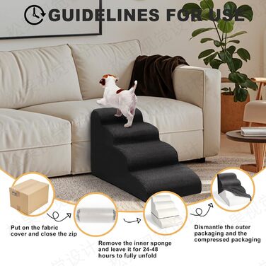 Сходинки для собак, 4 сходинки, для ліжка та дивану, знімний чохол, миється, для маленьких собак, чорний колір