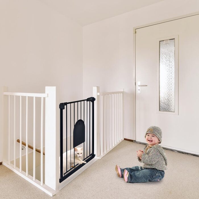 Захист для воріт SUBTLETY з дверцями для котів, автоматичне закриття, захист для сходів, захист для собак та дітей без свердління, розширюваний, чорний (75-85 см)
