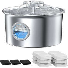 Поїлка для котів з нержавіючої сталі: фонтанчик для котів - 2.6L, диспенсер води для котів та собак, фонтанчик з віконцем рівня води, дизайн у вигляді квітки (поїлка для котів + 6 фільтрів + 3 губки)