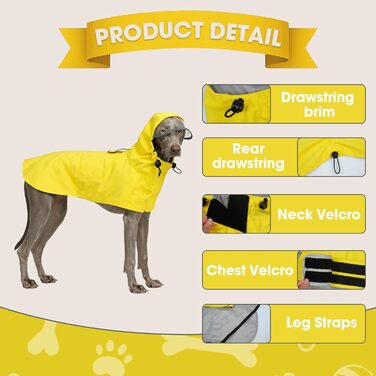 Жовтий дощовик для собак M, водонепроникний дощовик з капюшоном, світловідбиваючі елементи, регульований, з петельками для ніг та отвором для повідка, для собак маленьких, середніх та великих порід