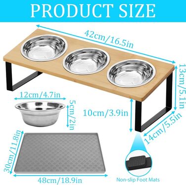 Підвищені годівниці для котів 3 шт. з нержавіючої сталі, 15° нахил, з підставкою з силікону та металевим кріпленням. Миска для корму та води для котів та маленьких собак