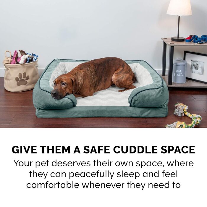 Охолоджуване ліжко для собак Furhaven з гелевим наповнювачем, середнього та малого розміру, з знімними валиками для шиї та знімним чохлом, для собак до 15,9 кг – плюшеві та оксамитові хвилі, ідеальне комфортне ліжко-софа, колір Селадоновий, розмір L 76 x 
