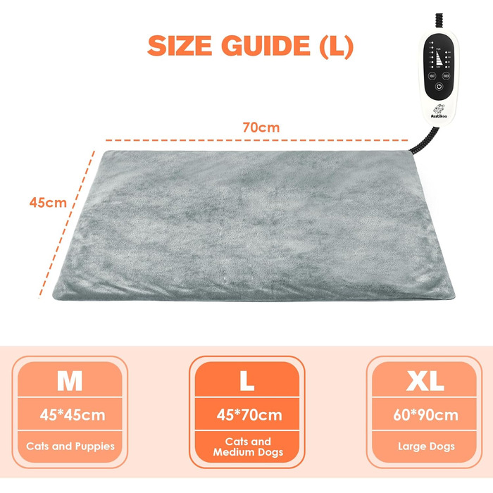 Електричний килимок для обігріву домашніх тварин (кішки та собаки), регульований, з таймером та температурою 30-55°C, розміри M (45*45 см) та L (70*45 см)