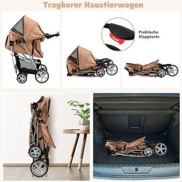 Собачий візок SOARS для тварин до 15 кг, складний, з сітковими віконцями, тримачем для напоїв та кошиком для зберігання, для маленьких тварин (Бежевий)