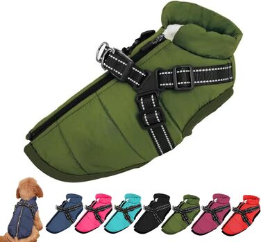 Водонепроникна зимова куртка для собак, інтегрований поводок, зелений колір, розмір M