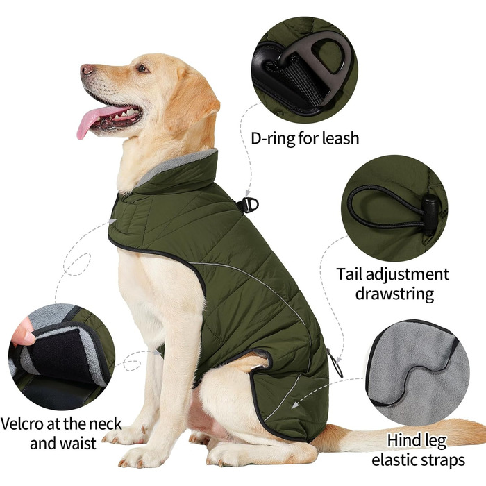 Водонепроникний теплий зимовий одяг для собак Heywean: куртка, жилетка, пуловер з флісу, з D-кільцем, світловідбиваючими елементами, з застібкою-липучкою, для малих, середніх та великих собак, зелений