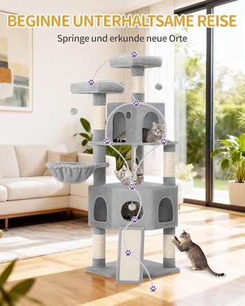 Кігтеточка для котів Hzuaneri, 174 см, XL, 2 платформи, 2 печери, 4 стовпчики, дошка для шліфування кігтів, мотузка з сизалю, плюшеві кульки, сірий колір, для кількох котів MS17418LG