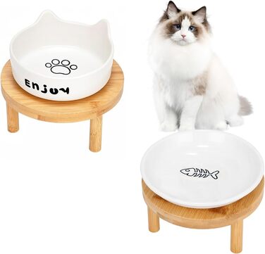 Миски для котів, підняті миски з кераміки з підставкою з бамбука (2 шт.) - білі