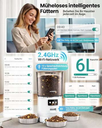 Автомат годівниці для котів з APP та таймером, 6 л / 25 чашок, 3 миски, 3 пакети силікагелю, система проти застрягання, 2.4G WiFi, 10-секундна голосова зйомка, годівниця для котів та собак (білий)