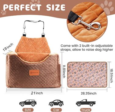 Підвищувач для собак MegiaExist з піною з пам'яті, автокрісло для собак знімний, миючий чохол, безпечний, протиковзкий, для малих собак до 11,3 кг, з ременем безпеки, колір: коричневий