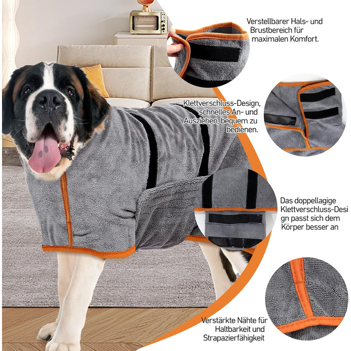 Рушник для собак великих порід, халат для собак, з застібкою на липучці, швидко вбирає воду (XL)