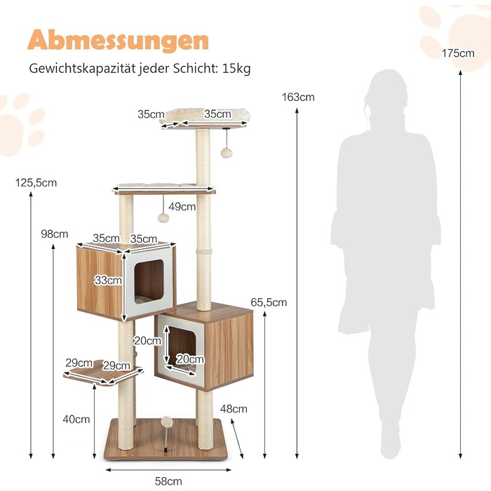 Дерев'яний кігтеточки COSTWAY 163 см, 6-ярусний, з 2 печерами, 2 килимками та 3 іграшками, для котів, бежевий+натуральний колір