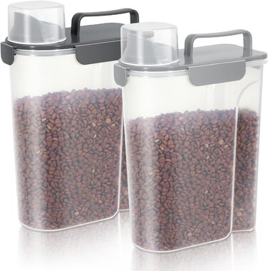 Контейнери для корму для собак, велика воронка, 2.3 кг, пластик, з 4 герметичними закриттями, 1 мірний стакан та ручка, легко миються та переносяться, 2 шт, світло-сірий + темно-сірий